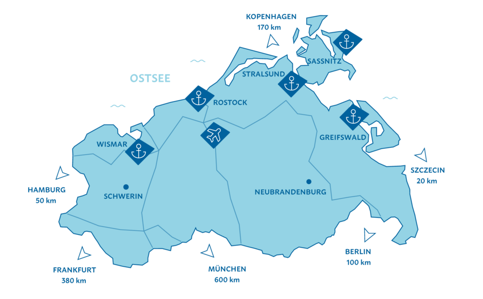 5 Standorte in MV. Wismar, Rostock, Stralsund, Sassnitz, Greifswald